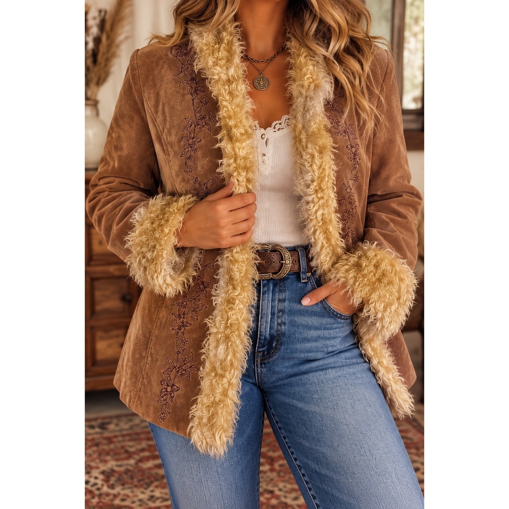 Winlit Penny Lane Suede Leather Jacket Faux Fur Floral Embroidered Boho L